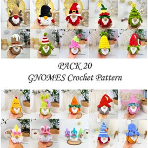 K&ouml;nnte beinhalten: Eine Sammlung von 20 geh&auml;kelten Zwergen in verschiedenen Designs. Jeder Zwerg hat eine einzigartige M&uuml;tze und ein Outfit, mit Farben wie Rot, Gr&uuml;n, Gelb und Rosa. Der Text "PACK 20 GNOMES Crochet Pattern" ist darunter zu sehen.