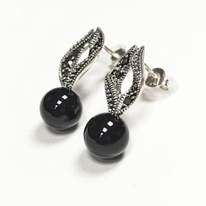 ONYX-oorbellen marcassite-parelstijl, klein antiek art-decojuweel sterlingzilver, retro sieraden, damescadeaus
