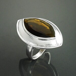 Bague Quartz, Argent 925, Grand Zirconia Oval couleur Quartz Fumé, taillé en Marquise, Ligne Pure, Simple, Grande Bague Originale, image 5
