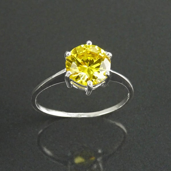 Citrine Bague Argent, Solitaire 925, Bijoux Style Vintage, Zirconia Couleur Citrine , Pierre 8mm, Grandes tailles de doigt Disponibles