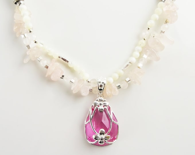 Pink Quartz Necklace - Sterling Silver, Rose Quartz Raw Stone, pearls Strands, Pink Zirconia collar, Flower Pendant, Stingray choker