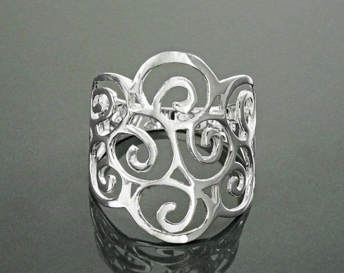 Scroll Filigree Ring, Sterling Silver, Scrolls Design Ring, Spirals Pattern Ring, Wide Band Ring, Elegant Ring, Lace Ring, Open Work Ring