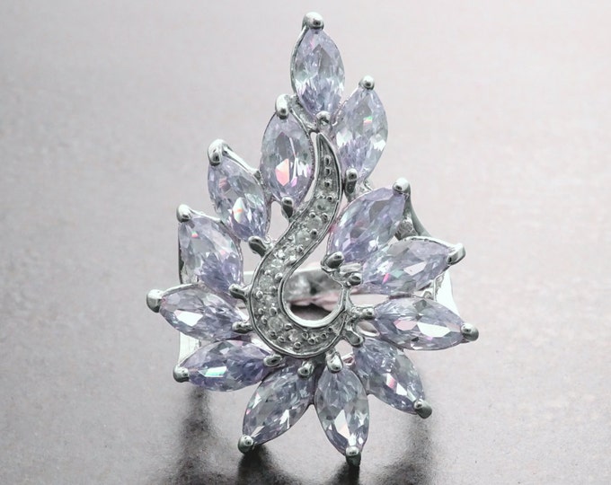 Purple Stone Ring, Sterling Silver,  Light Violet Lavender Color Stones Flower, Jewelry, Antique Vintage Style Armor Ring, Women Bold Ring