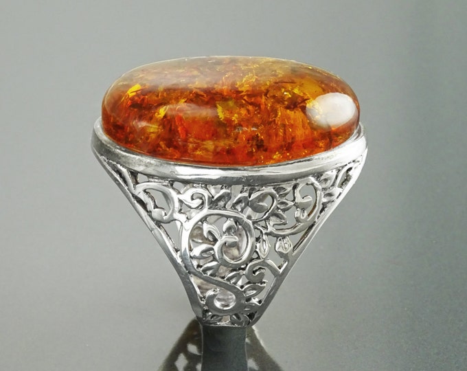 Antique Amber Ring, Sterling Silver 925, GENUINE Amber Oval Stone, Nature Inspired Pattern Filigree, Statement Ring, Bold Gemstone Jewelry