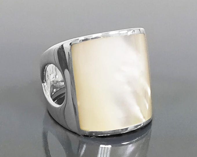 White Square MOP Ring, sterling silver, cuff ring, large armor Ring, modern minimalist wide stone design jewelry, Mother-of-Pearl Shell