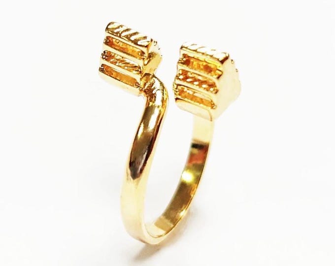 Pyramid Bar Ring • 18K Gold Plated • Open Architectural Column Jewelry • Twin Modern Geometric Textured  Minimalist Wrap Bars • Gift for Her