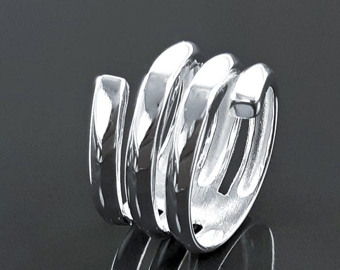 Infinity Wrap Ring, Sterling Silver, Coiled Ring, Bypass Ring, Cuff Ring, Spring Ring, Spiral Ring, Wrapped Ring, Open Ring, Wide Large Ring