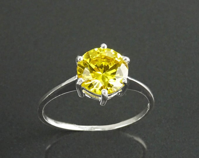 Solitaire Ring, Sterling Silver, 8mm Yellow Color (CZ) Stone, Modern promise jewelry Design, Women engagement gift