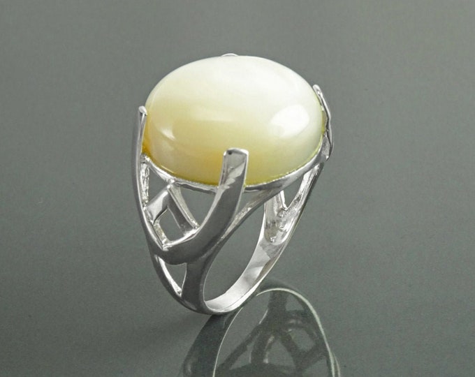 Modern Shell Ring, Sterling Silver, GENUINE Round White Mother of Pearl, Unique Designer Ring, Pearl Jewelry, Original Stone Ring