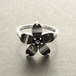 Black flower ring, sterling silver, black color Cz stone, five petals stones flowers, modern dark Gothic jewelry image 1