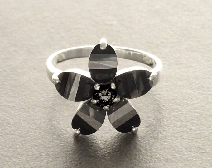 Black flower ring, sterling silver, black color Cz stone, five petals stones flowers, modern dark Gothic jewelry