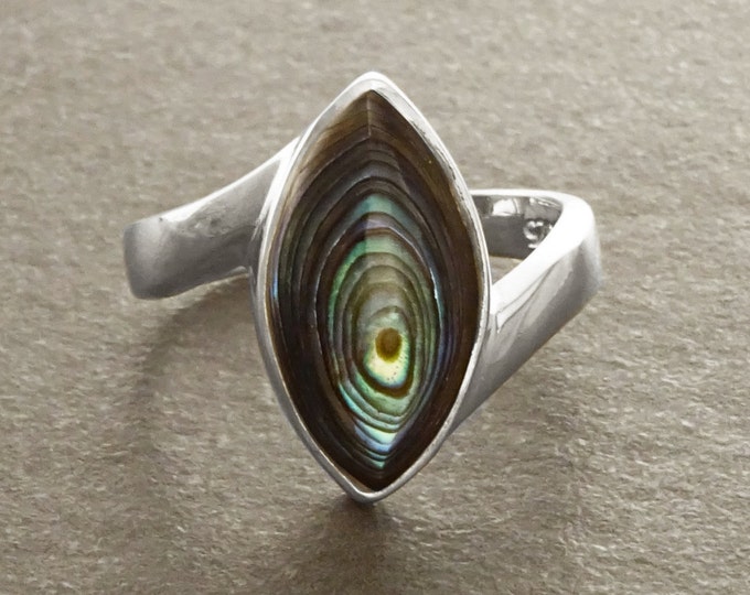 Abalone Bypass Ring - Paua Shell Ring, Sterling Silver, Oval Ring, Genuine Abalone,  green blue color, oval stone, Almond shape, oval stone