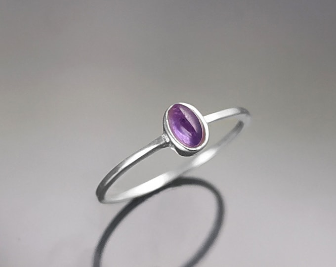 Tiny Amethyst Ring, Sterling Silver, Modern Minimalist Ring, Small Purple Oval Stone, Genuine Amethyst Gemstone, Small Ring, Dainty Ring