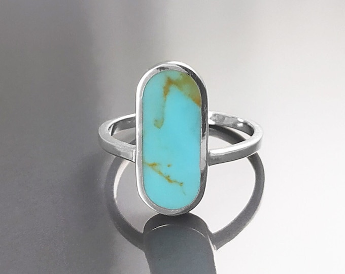 Turquoise Ring, Sterling Silver, Oval Blue Turquoise Stone, Flat Stone Ring, Minimalist Everyday Style Jewelry, Modern Gift