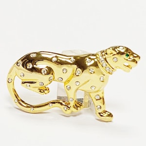 Gold Panther Brooch • Luxury Gold gilded & Crystals Jungle Animal Lapel Brooch • Powerful Feline Jewelry • Glamorous Gift for Big Cat Lover