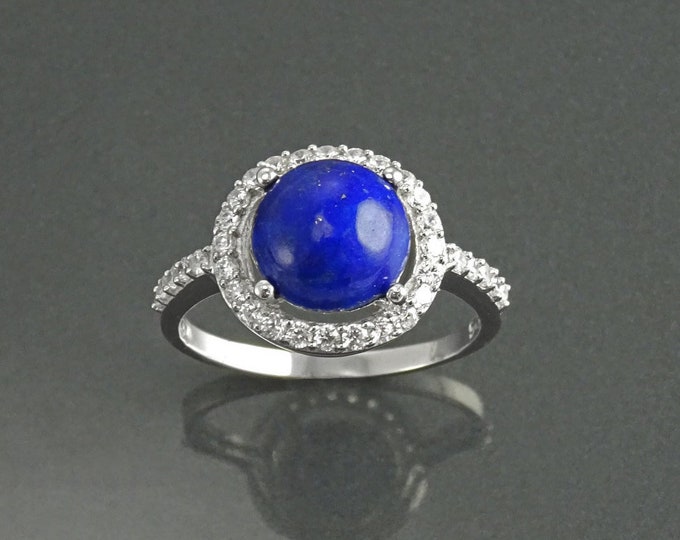 Lapis Ring, Sterling Silver, NATURAL Blue Lapis Lazuli Round Stone, GENUINE Lapis Gemstone Jewelry, setting  Halo Cz stones ring