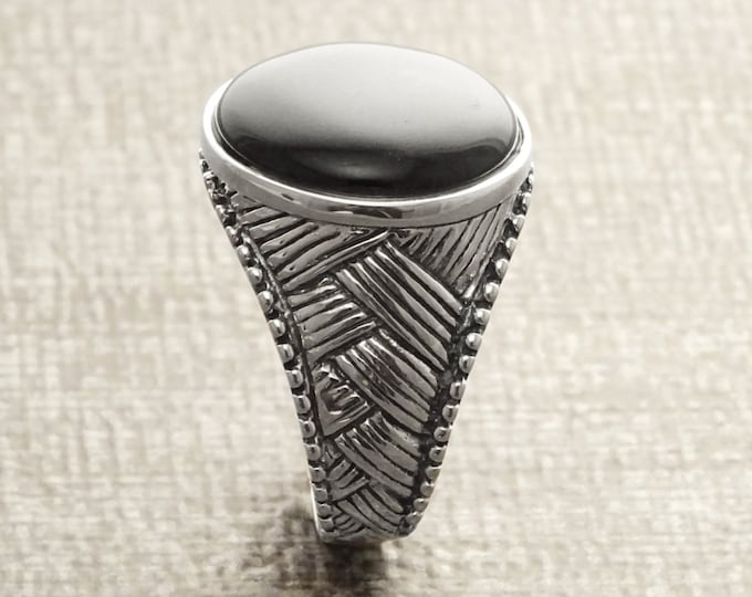 Braided Onyx Ring, Sterling Silver, Engraved Ethnic Tribal Design Jewelry, Round Black Onyx Stone Ring, Statement Unisex Man Woman Ring