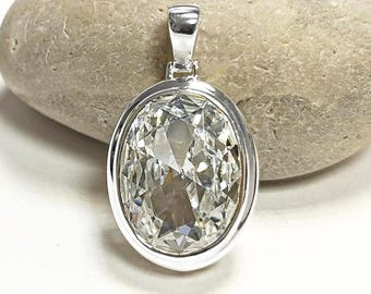 Grand Pendentif Argent 925 - Pierre Ovale Sertie clos, Zirconia couleur Diamant - Bijoux Chic et Fashion, idéale pour Mariage Soirée