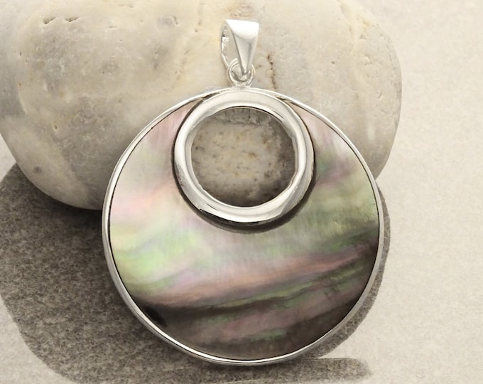 Grey Round Necklace, Sterling Silver, GENUINE Gray Paua Shell Shell with Reflections Jewelry Pendant, Unique Geometric Minimalist Moon shape