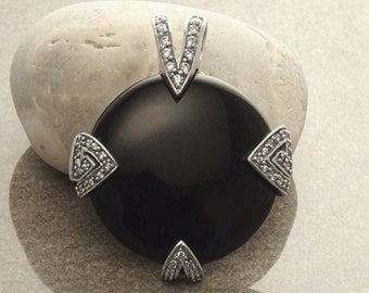 Statement Black Onyx Pendant, Sterling Silver, Round Black Onyx Gemstone Pendant, Retro Art Deco Jewelry, Cocktail Necklace, Vintage Gift