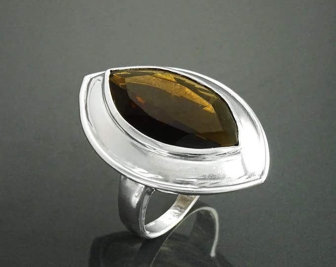 Bague Quartz, Argent 925, Grand Zirconia Oval couleur Quartz Fumé, taillé en Marquise, Ligne Pure, Simple, Grande Bague Originale,