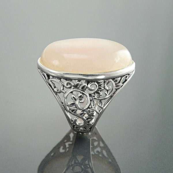 Natürlicher Rosa Quarz Ring, Sterling Silber, Oval Rosenquarz Stein Edelstein, Vintage Barock Mittelalter Romantische Design Schmuck, Frau Geschenk