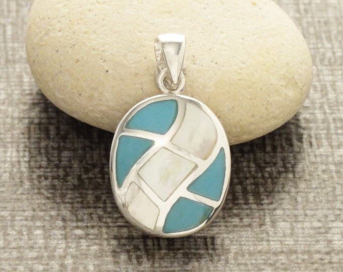 Turquoise Pendant, Sterling Silver, Blue Oval Stone Necklace, White Mother of Pearl Shell, Modern Geometric Checkered Jewelry