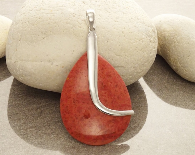 Red Oval Pendant, Sterling Silver, Big Enhanced Red Coral, Modern Teardrop Red Stone Jewelry, Bold Statement Red Necklace