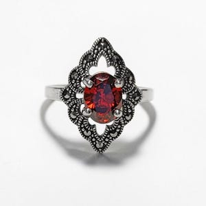 Garnet Marcasite Ring, Sterling Silver, Vintage Marquise Ring, Lab Red Garnet Simulant, Retro Red Stone Rings, Women's Gifts