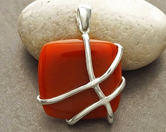 Red Stone Pendant, Sterling Silver, Genuine Agate Gemstone, Statement Bold Modern Stones Necklace, Geometric Square Shape Jewelry