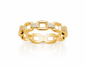 Sparkling Chain Ring • Gold plated 18K • Diamond Pave Bar Open-Link Band • Contemporary Jewelry