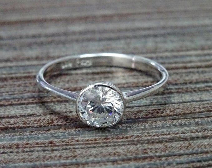 1ct Solitaire Ring, Solid Sterling Silver, Closed Bezel Setting Ring, Promise Jewelry, White Clear Round Stone (CZ), Women Birthday gift