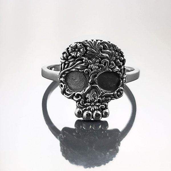 Bague Crâne Femme, Argent 925, Tête de Mort Calavera Mexicain, Crâne Skull Candy plat, Bijoux Catrina del Dia de Los Muertos, Halloween