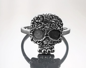 Skull Ring, Silver 925, Calavera flat Sugar Woman Candy Skull Head, Catrina del Dia de Los Muertos Jewelry, Mexican Day of the Dead Cranium