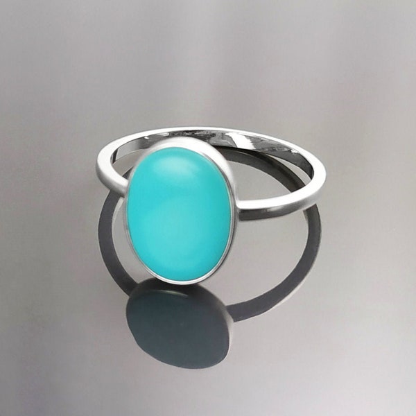 Ovaler Türkisring, Sterlingsilber, flacher echter Türkisstein, kleiner alltäglicher blauer Steinschmuck, moderner minimalistischer Ring