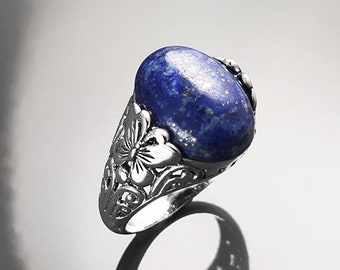 Natural Lapis Ring, Sterling Silver, Genuine Blue Lapis Lazuli Gemstone Birthstone Oval Stone Jewelry, Boho Butterfly Filigree Vintage Style