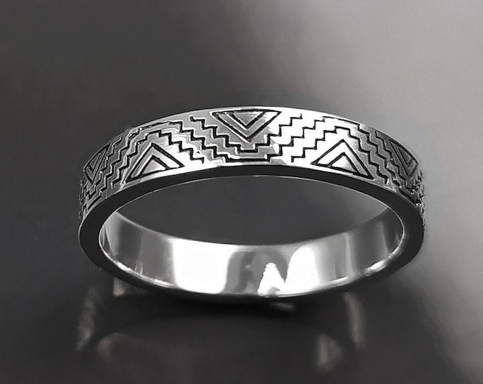 Mayan Band Ring, Sterling Silver, Mesoamerican Geometric Aztec Ancient Symbols Inca Temple Maya civilization Symbols Unisex Jewelry