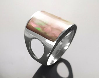 Shell Cuff Ring, Sterling Silver, GENUINE Rainbow Gold Color Paua Shell Jewelry, Minimalist Square Geometric Ring, Statement Modern Ring