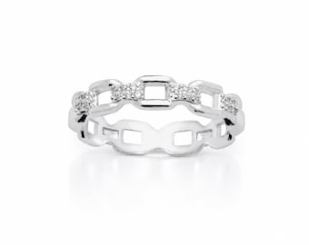Sparkling Chain Ring • Sterling Silver • Diamond Pave Bar Open-Link Band • Contemporary Jewelry