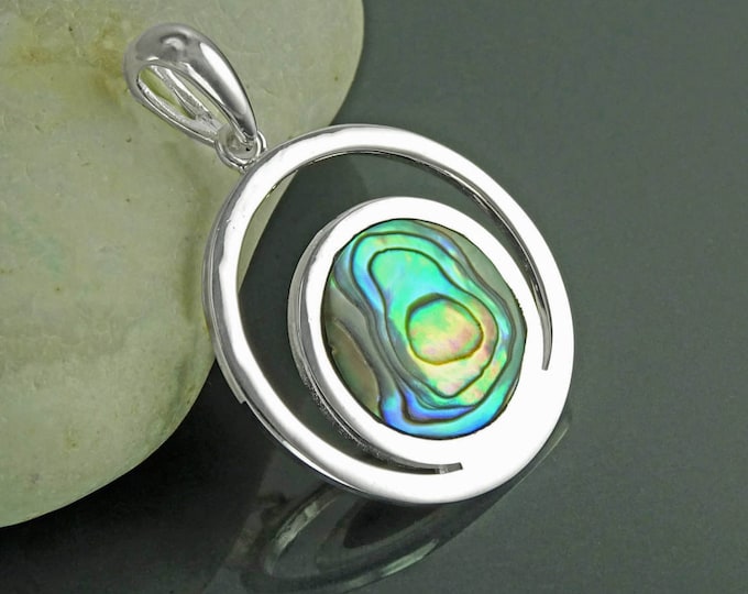 Full Moon Pendant, Sterling Silver, Genuine Paua Shell Abalone, Modern Jewelry, Crescent Moon, Round Flat Stone, Planet Earth Symbol