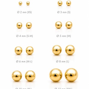 May include: A selection of gold-coloured ball stud earrings, with sizes from 2 mm (XS) to 12 mm (XXL). Each pair is shown on a white background, with the diameter of each pair of earrings clearly labelled.
