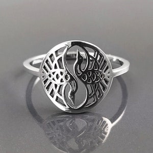 Crane Bird Ring, Sterling Silver, Balance Yin Yang Ring, Dancing Cranes Birds, Oriental Zen Jewelry, Spiritual Yoga Ring, Delicate Openwork