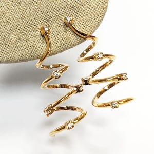 Drop Spiral earrings with 18K gold plated and Set with Diamond cut Cz Stones, Long Spiral, Long Dangle Swirl Golden Pendant earrings