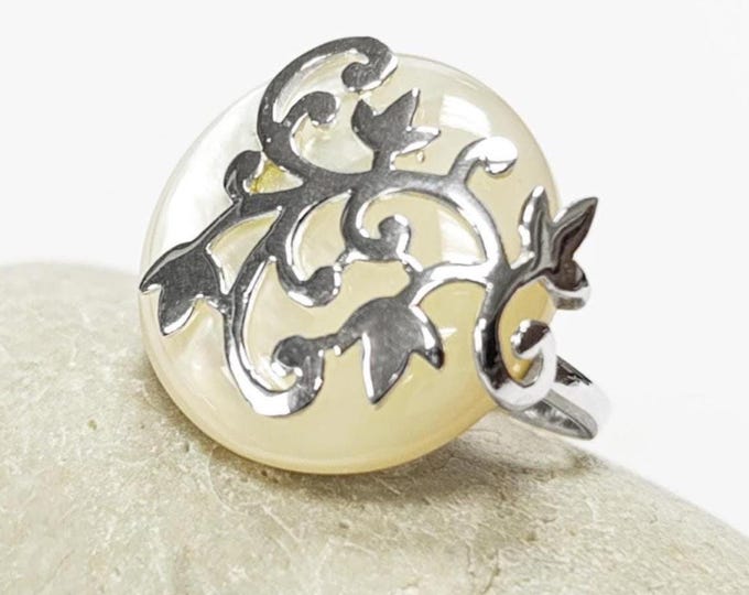 Floral Vine Ring by KRAMIKE • Sterling Silver & Mother of Pearl Stone • Nature-Inspired Design • Unique Look • Elegant Gift for Her • KR131