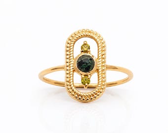 Boho Green Ring • Gold plated 18K • Dalmatian Jasper Stone Open Frame Halo Band • Vintage Design Jewelry