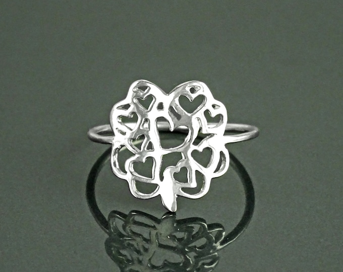 Filigree Heart Ring, Sterling Silver, Tiny Stackable Hearts Ring, Lucky Four Leaf Clover Ring, Dainty Promise Ring, Saint Patrick Day Gift