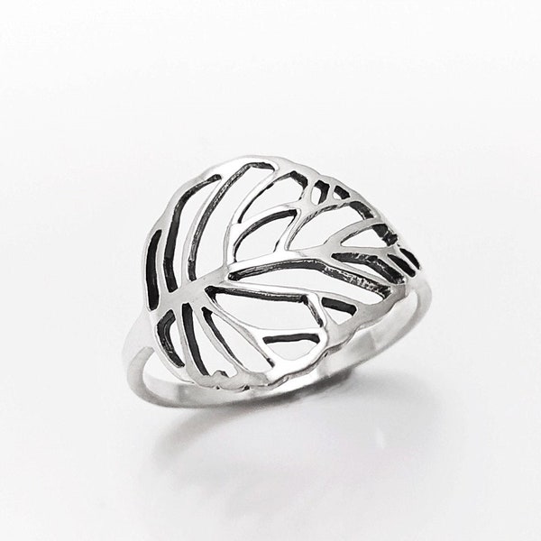 Bague Feuille de Ficus, Argent Massif 925, Bague Nervures Feuilles Tropicales, Bague Plante, Bague Ouverte Filigrane.