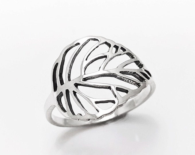 Leaf Ring, Sterling Silver, Rubber Ficus Plant Ring, Filigree Branch, Skeleton Leaf Veins Ring, Tropical, Nature, Greenery Jewelry