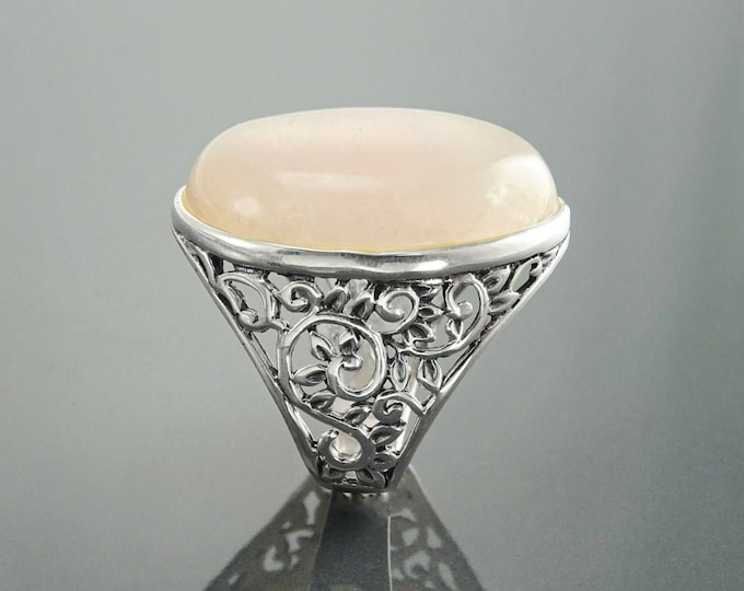 NATURAL Pink Quartz Ring, Sterling Silver, Oval Rose Quartz Stone Gemstone, Vintage Baroque Medieval Romantic Design Jewelry, Woman gift