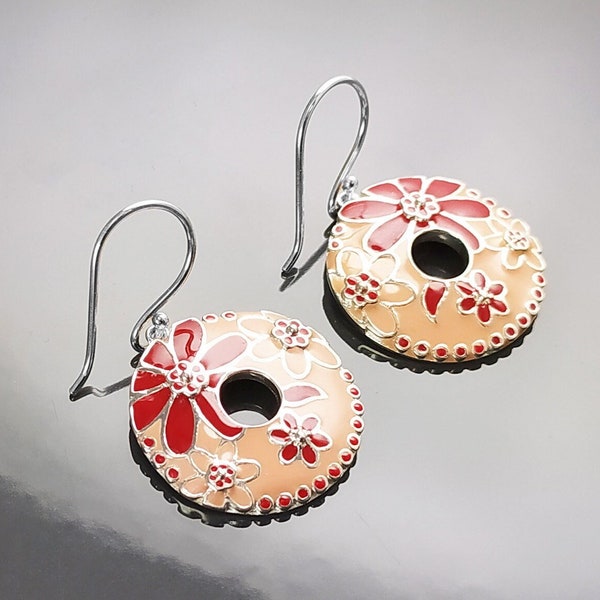 Boucles Hibiscus Rouge, Argent 925, émail couleur rouge, collier pendentif rond, motif floral, fleur tropicale, bijoux style tahitien